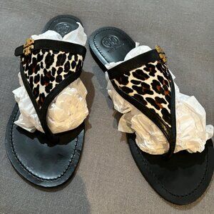 Tory Burch Resort Eloise Leopard & Black Leather Flat Sandal Size 10.5